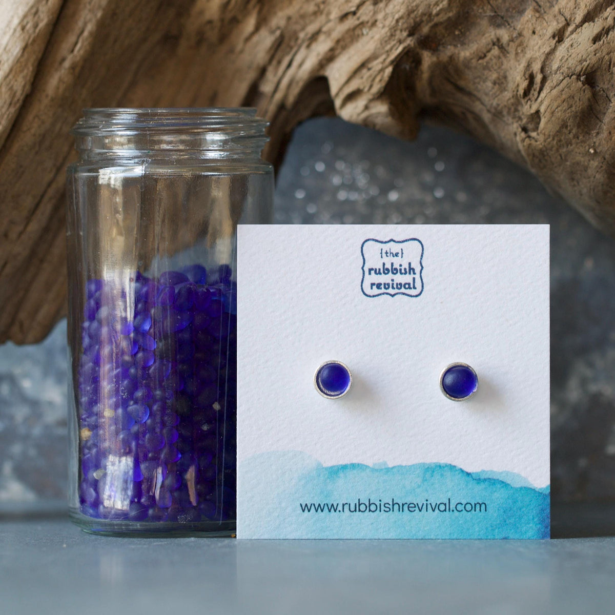 Sea Glass & Silver Petite Stud Earrings - Royal Blue