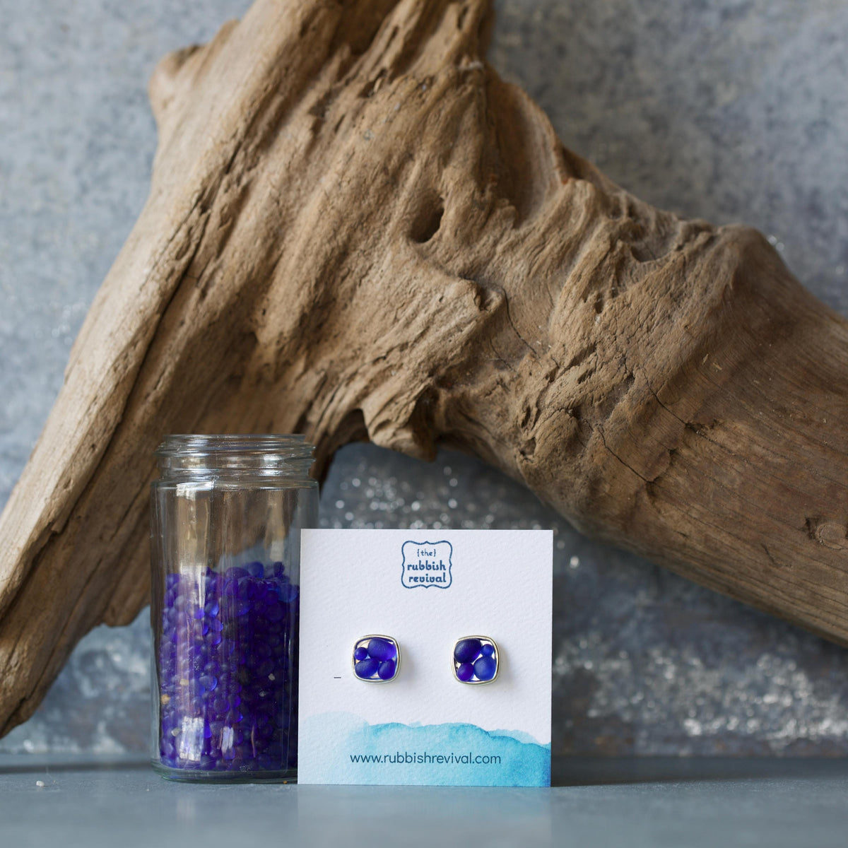 Sea Glass & Silver Mosaic Post Earrings - Royal Blue