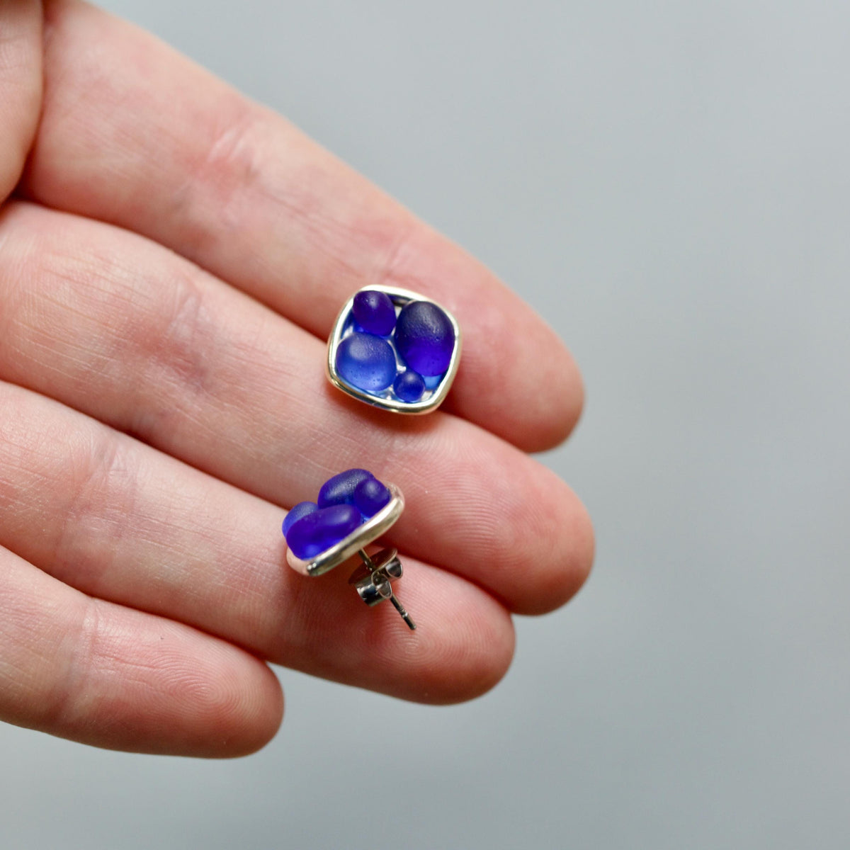 Sea Glass & Silver Mosaic Post Earrings - Royal Blue