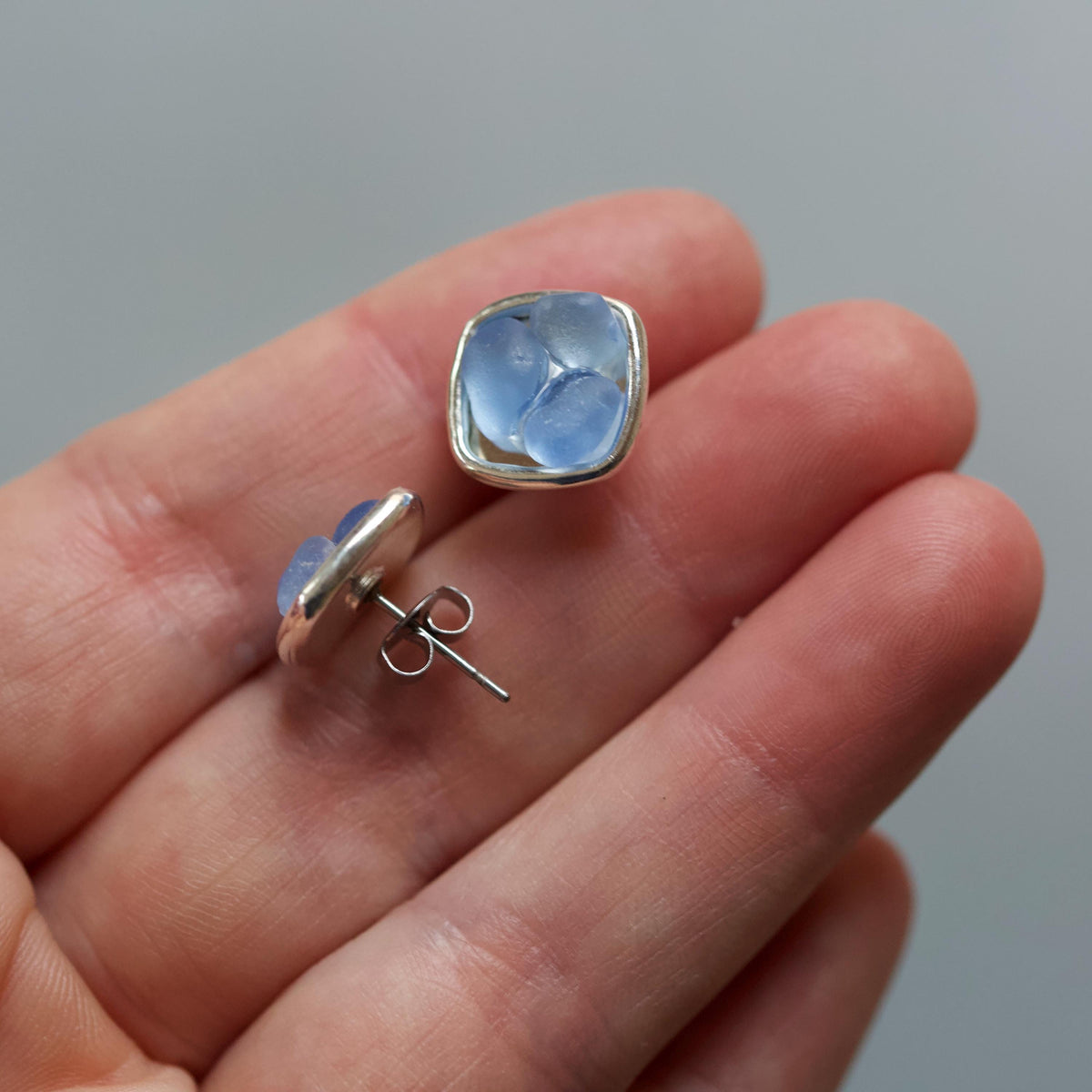 Sea Glass & Silver Mosaic Post Earrings - Twilight