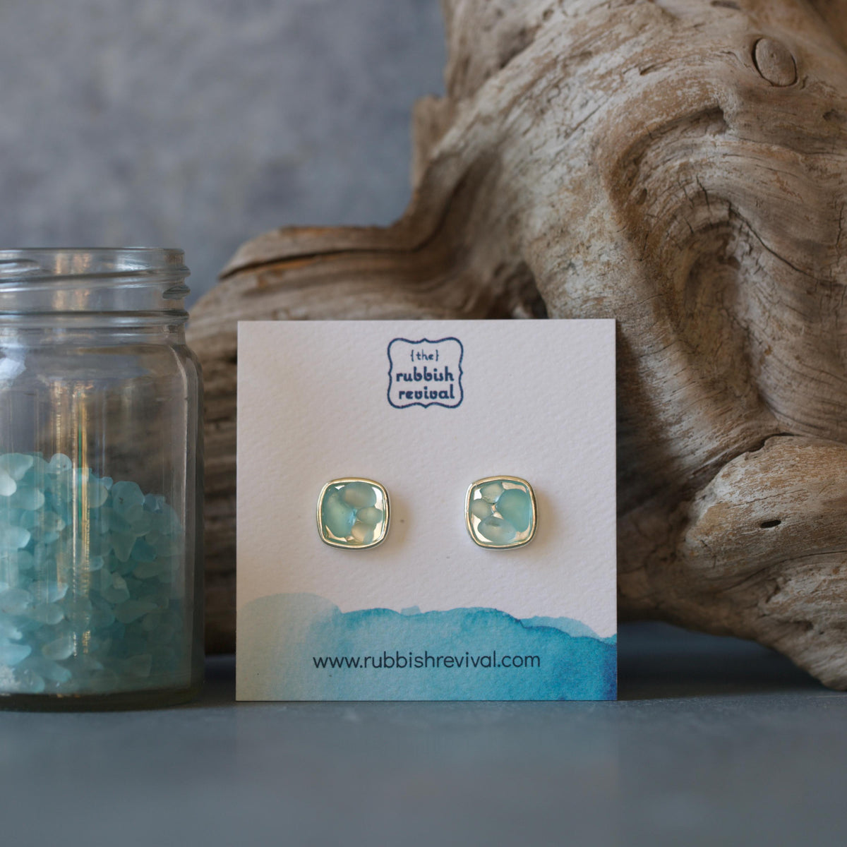 Sea Glass & Silver Mosaic Post Earrings - Seafoam