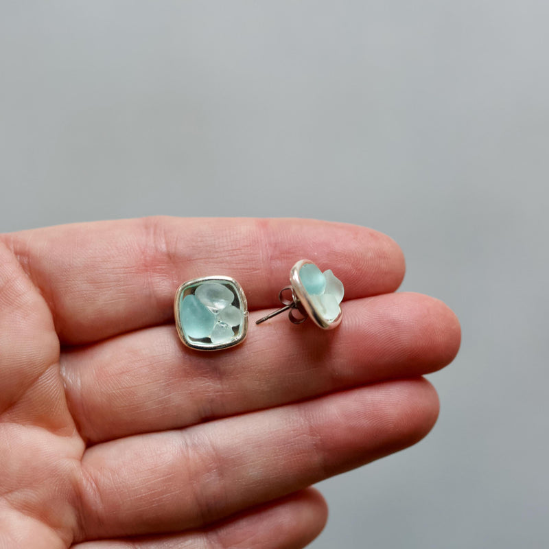 Sea Glass & Silver Mosaic Post Earrings - Seafoam