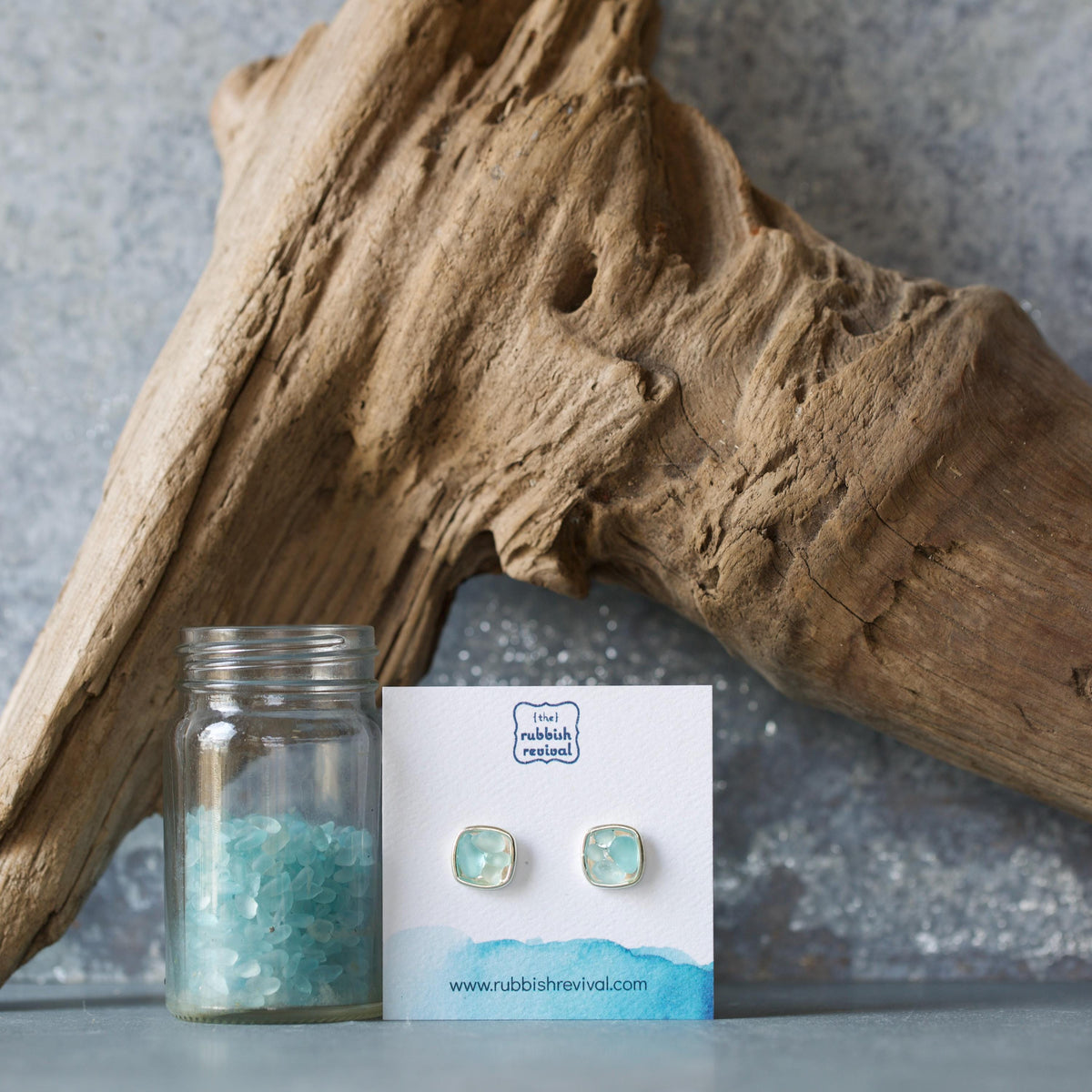 Sea Glass & Silver Mosaic Post Earrings - Seafoam