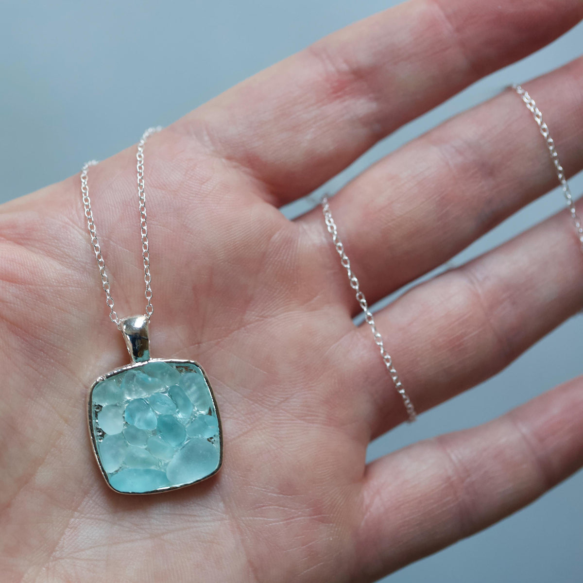 Sea Glass & Silver Mosaic Necklace - Seafoam