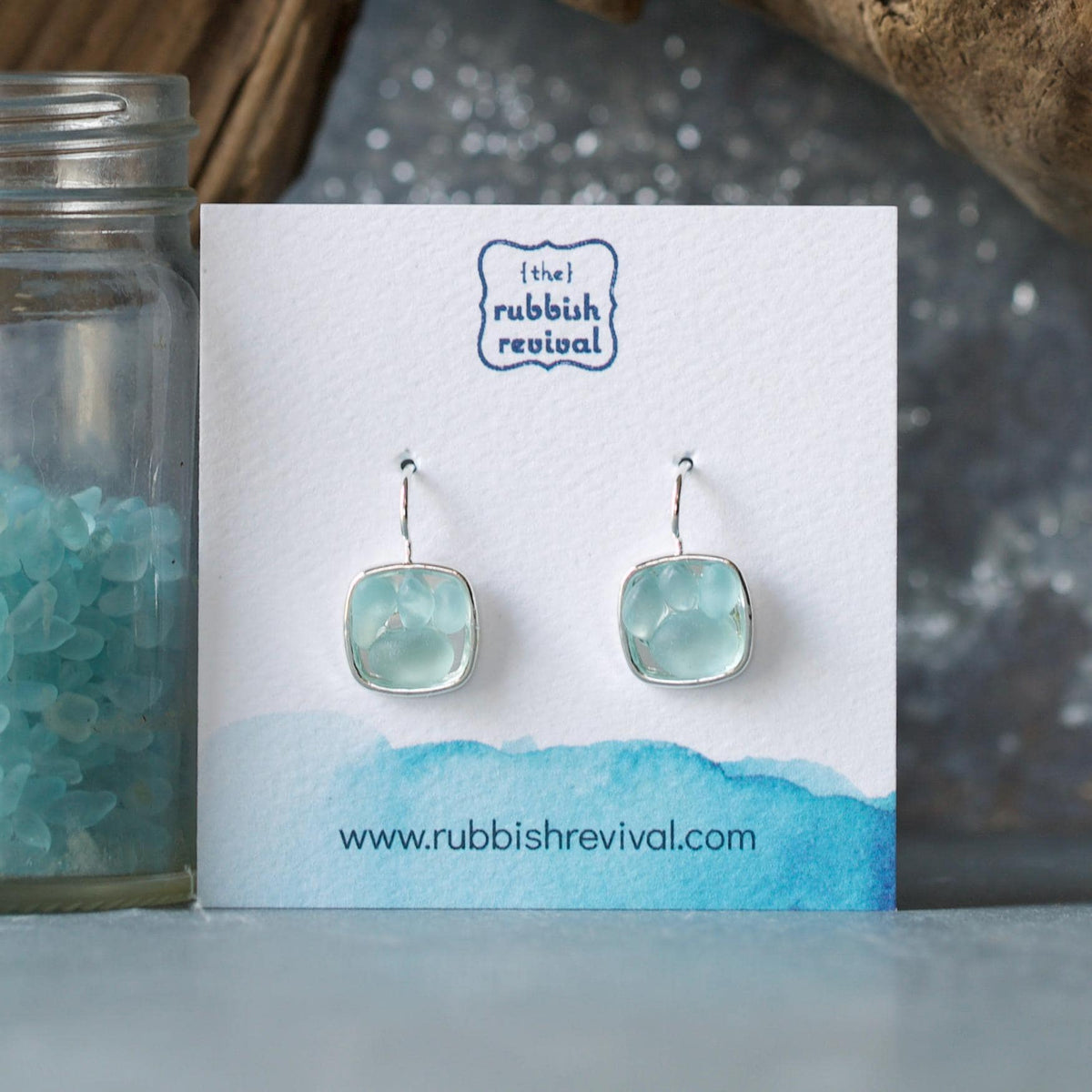 Sea Glass & Silver Mosaic Drop Earrings - Seafoam