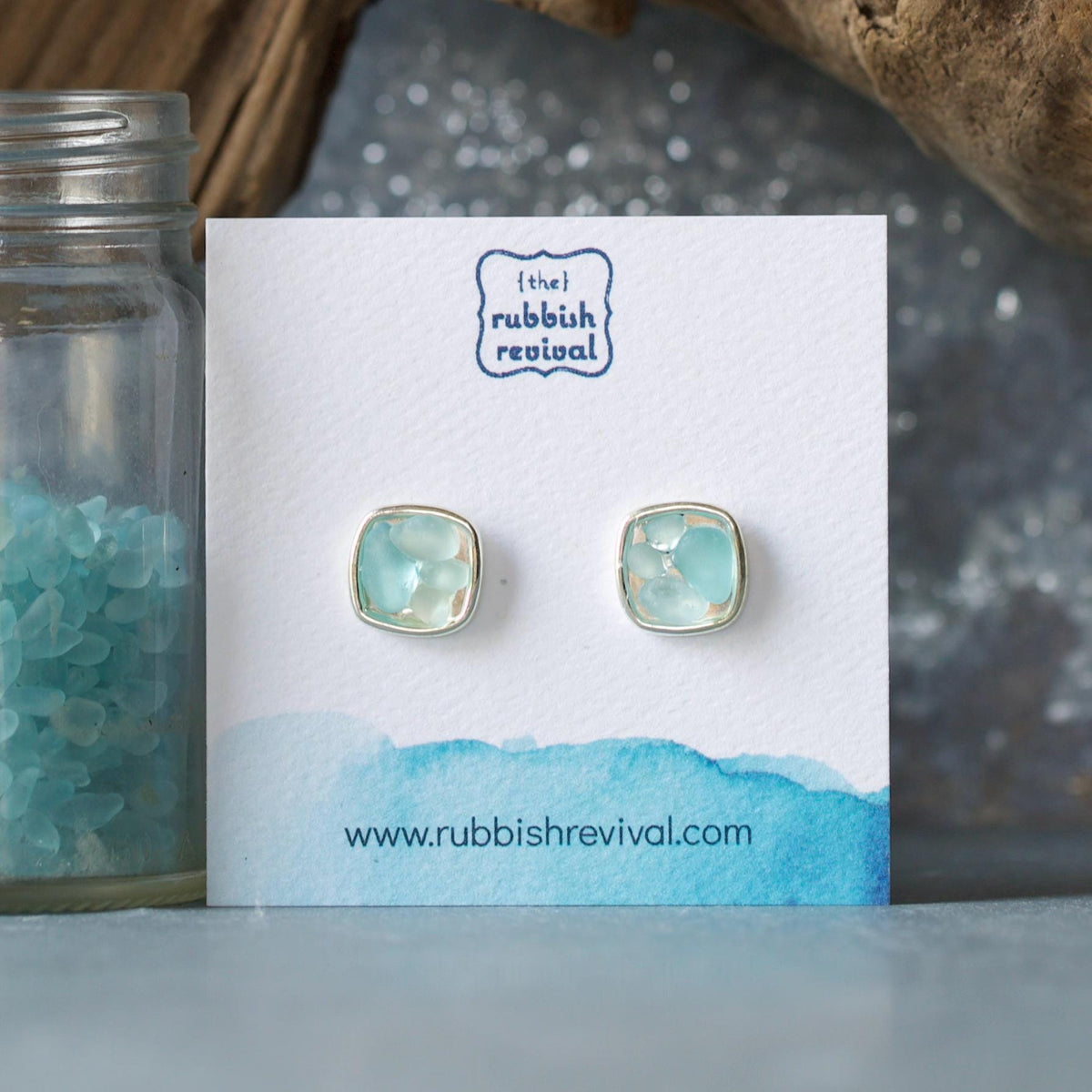 Sea Glass & Silver Mosaic Post Earrings - Seafoam
