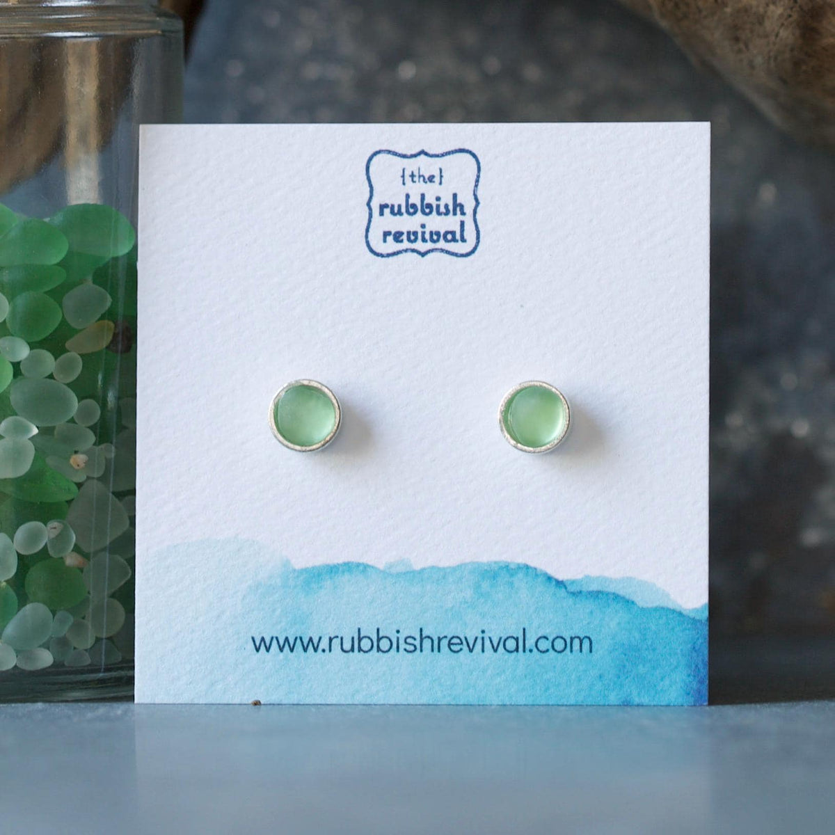 Sea Glass & Silver Petite Stud Earrings - Green