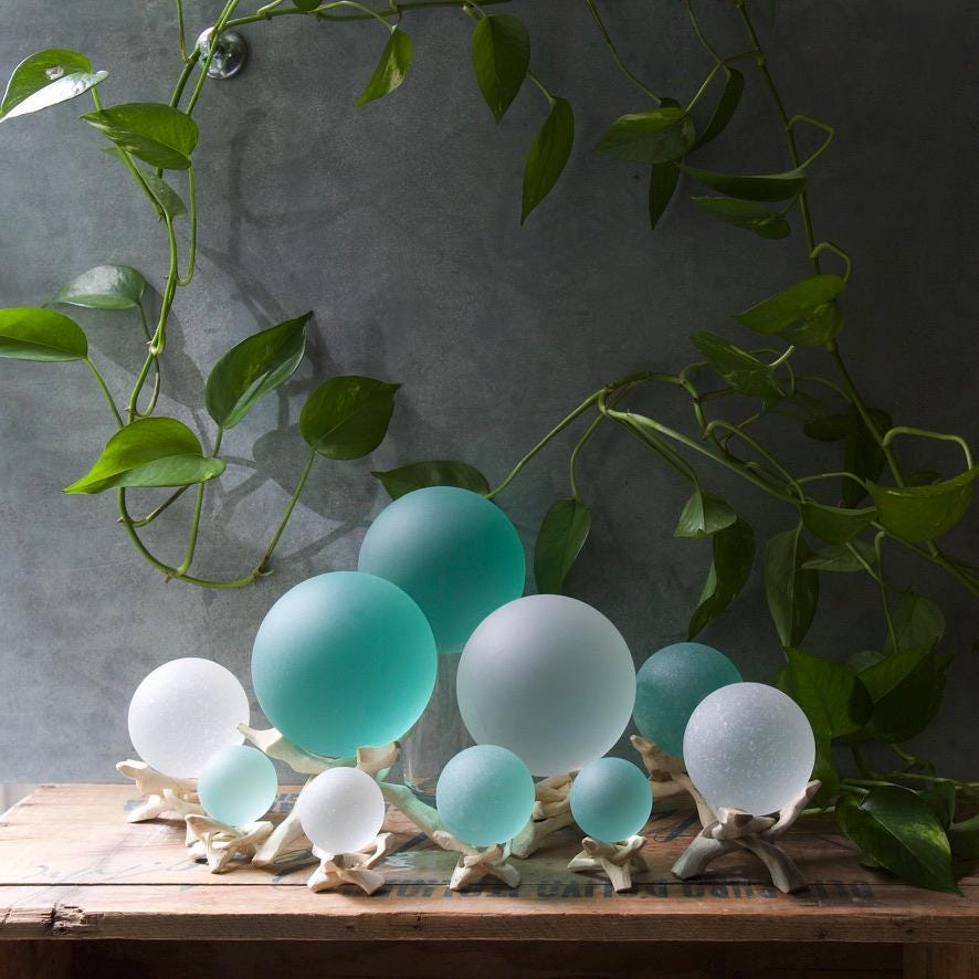 White - Seaglass Ball with Driftwood or Geometric Metal Stand