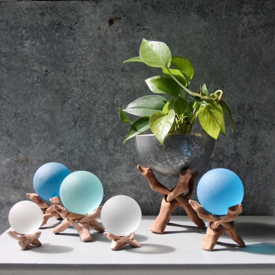 White - Seaglass Ball with Driftwood or Geometric Metal Stand