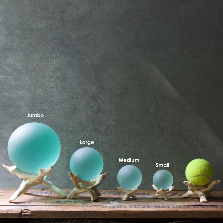 Aqua - Seaglass Ball with Driftwood or Geometric Metal Stand