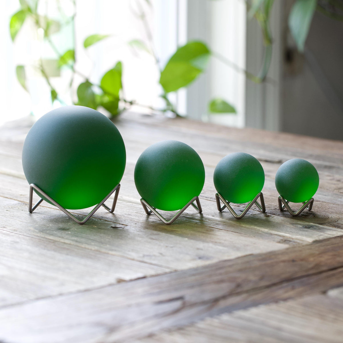 Emerald - Super Jumbo Seaglass Ball w/ Driftwood or Geometric Metal Stand