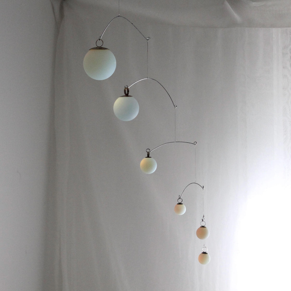 Opalite Glass & Brass Mobile: Handmade Kinetic Sculpture (40” x 19”)
