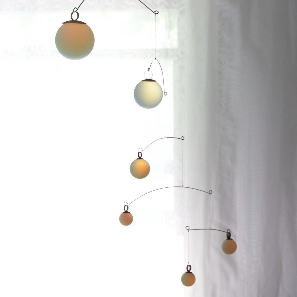 Opalite Glass & Brass Mobile: Handmade Kinetic Sculpture (40” x 19”)