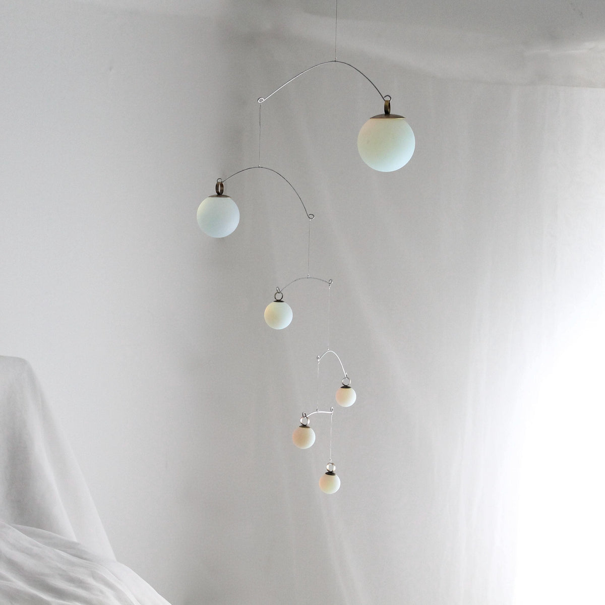 Opalite Glass & Brass Mobile: Handmade Kinetic Sculpture (40” x 19”)