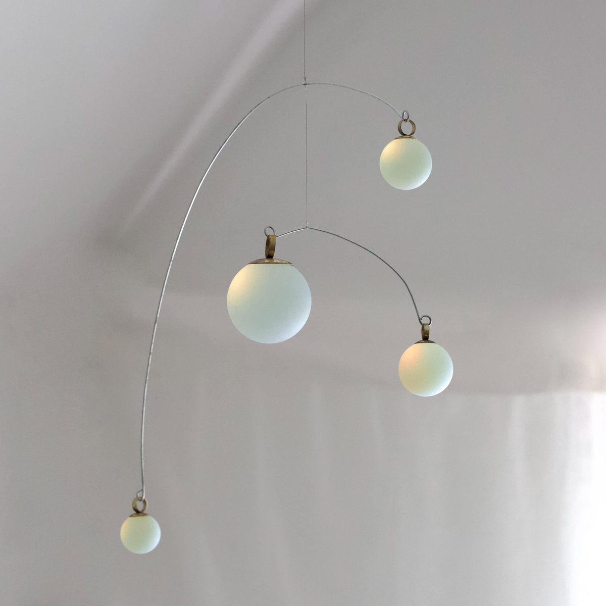 Opalite Glass & Brass Mobile: Handmade Kinetic Sculpture (22” x 14”)