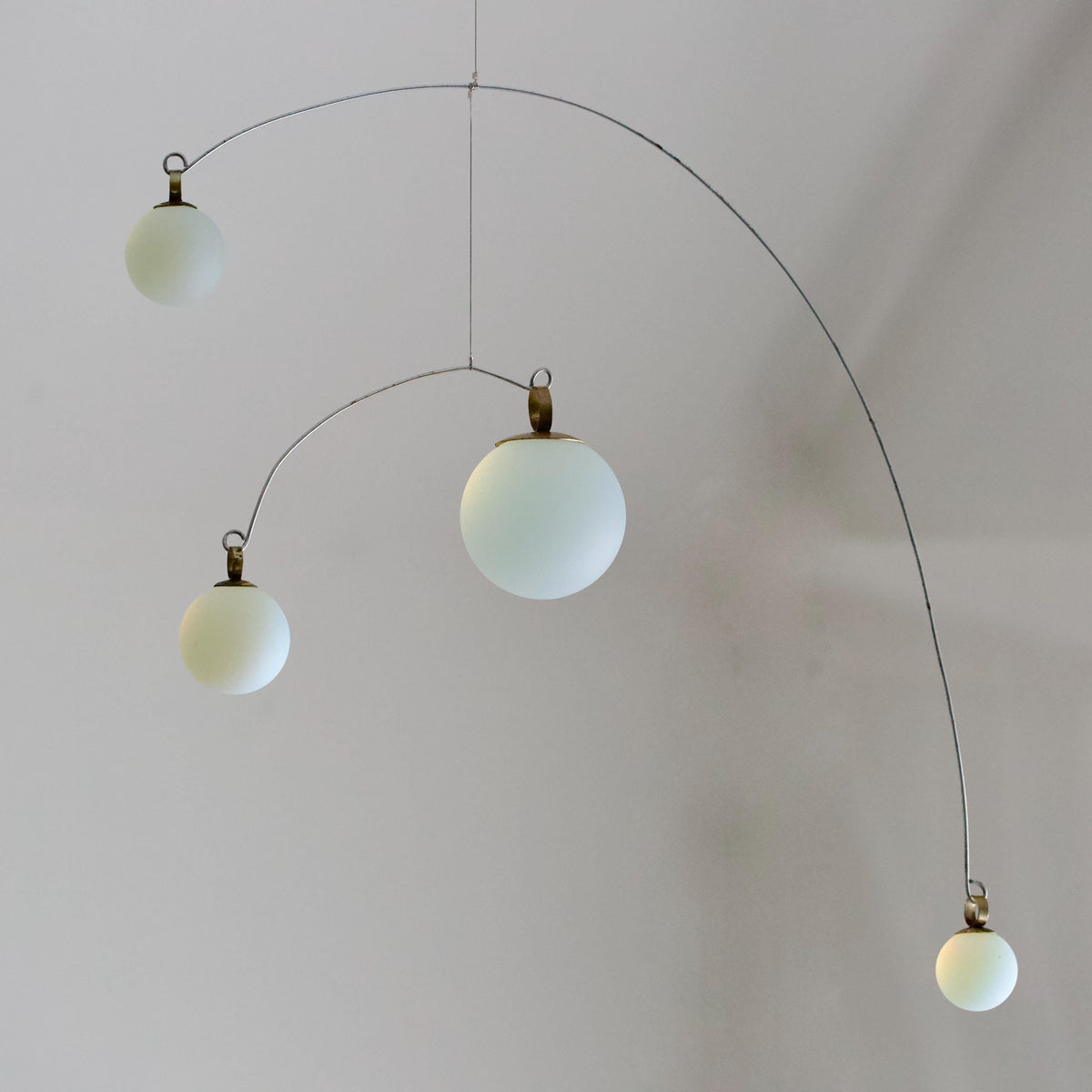 Opalite Glass & Brass Mobile: Handmade Kinetic Sculpture (22” x 14”)