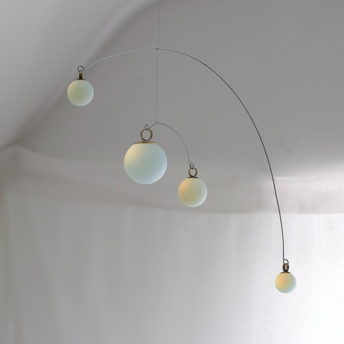 Opalite Glass & Brass Mobile: Handmade Kinetic Sculpture (22” x 14”)