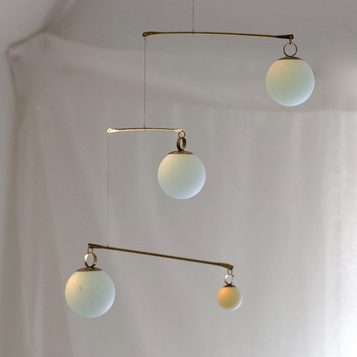 Opalite Glass & Brass Mobile: Handmade Kinetic Sculpture for Indoor/Outdoor Decor