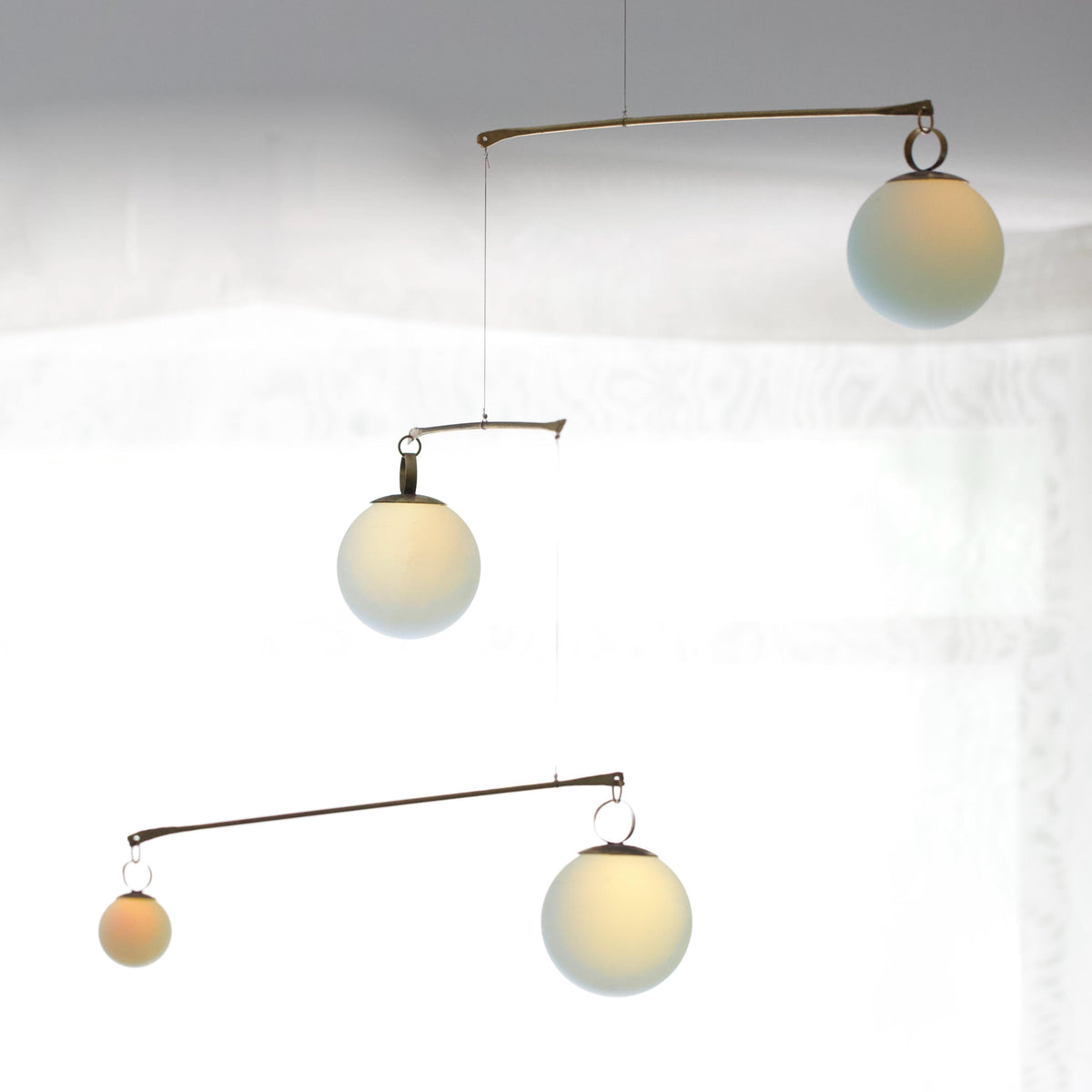 Opalite Glass & Brass Mobile: Handmade Kinetic Sculpture for Indoor/Outdoor Decor