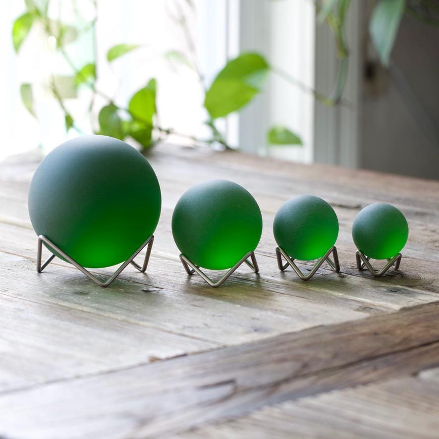 Green - Seaglass Ball with Driftwood or Geometric Metal Stand