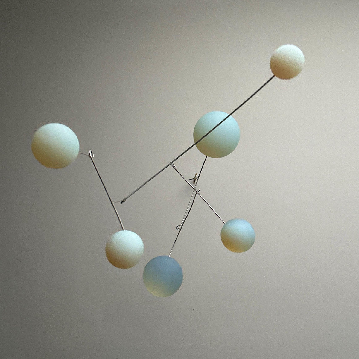 Opalite Glass & Brass Mobile: Handmade Kinetic Sculpture (40” x 19”)