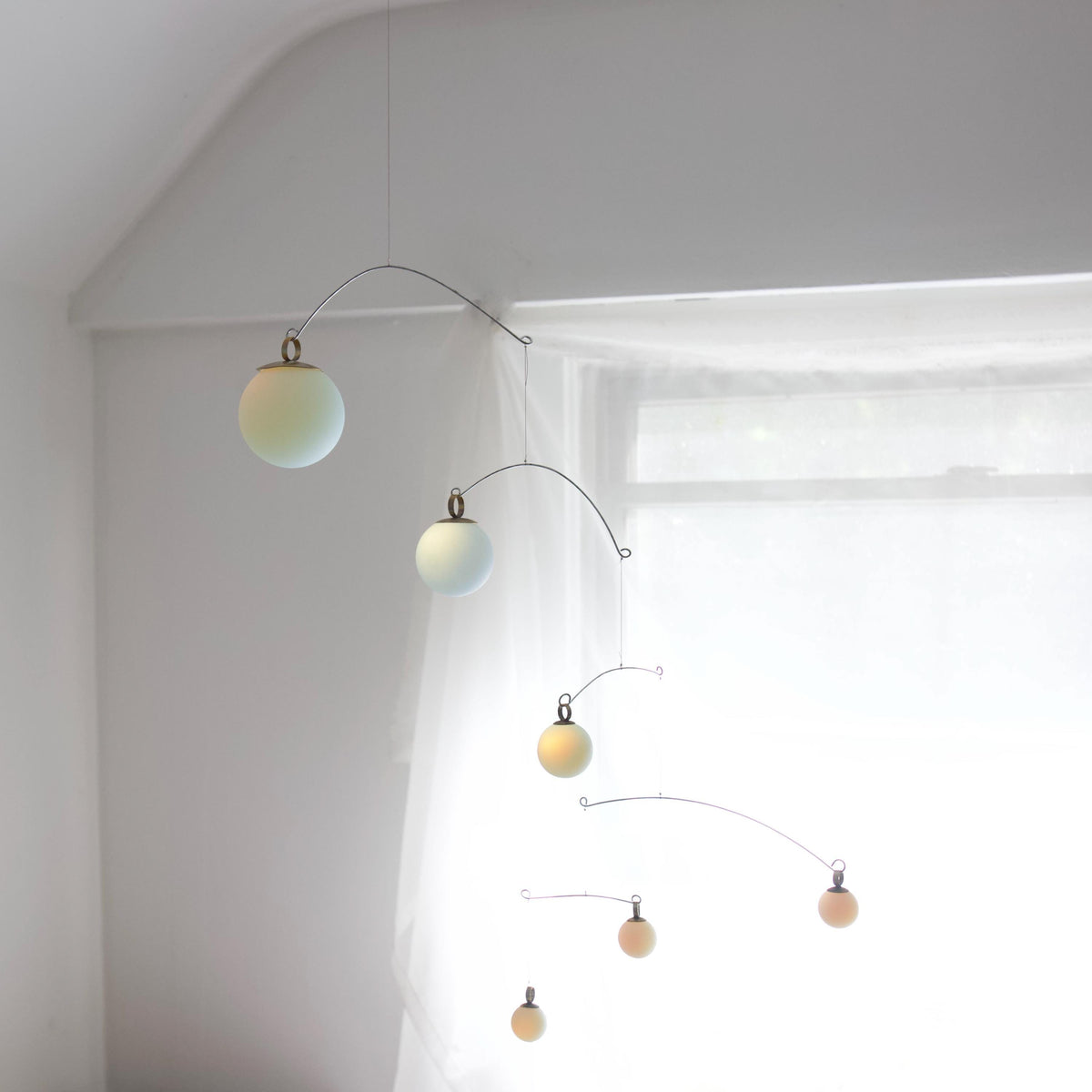 Opalite Glass & Brass Mobile: Handmade Kinetic Sculpture (40” x 19”)