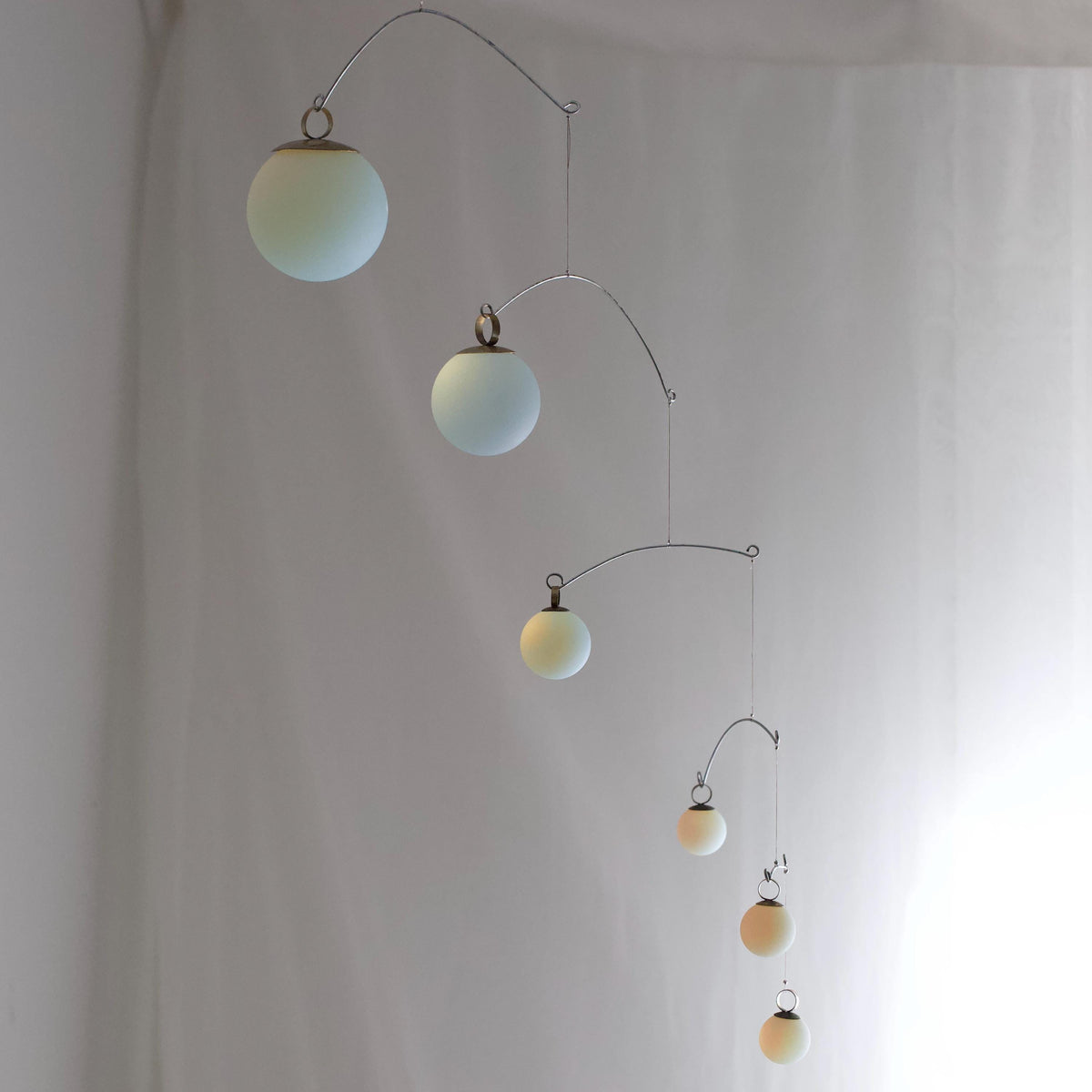 Opalite Glass & Brass Mobile: Handmade Kinetic Sculpture (40” x 19”)
