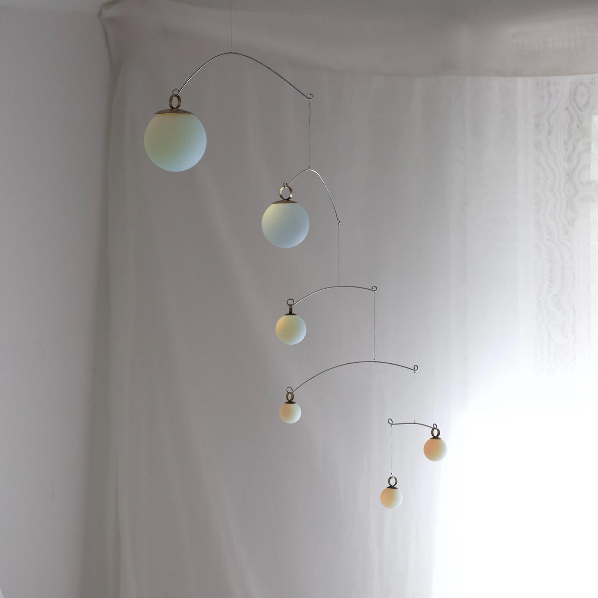 Opalite Glass & Brass Mobile: Handmade Kinetic Sculpture (40” x 19”)