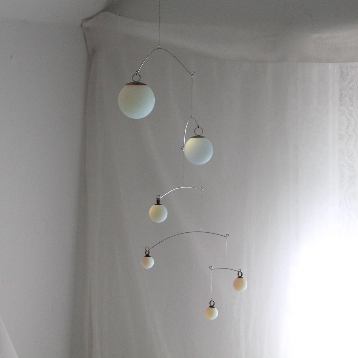 Opalite Glass & Brass Mobile: Handmade Kinetic Sculpture (40” x 19”)