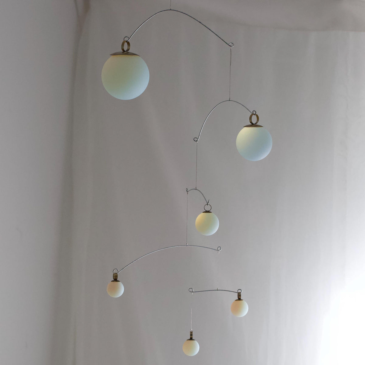 Opalite Glass & Brass Mobile: Handmade Kinetic Sculpture (40” x 19”)