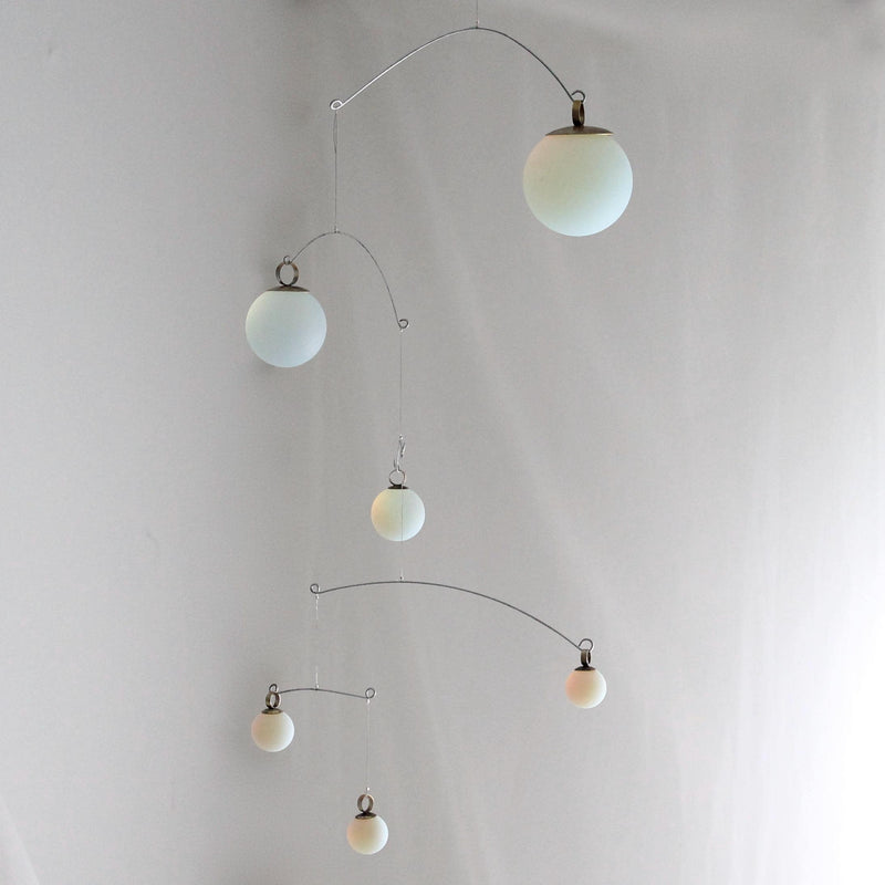 Opalite Glass & Brass Mobile: Handmade Kinetic Sculpture (40” x 19”)