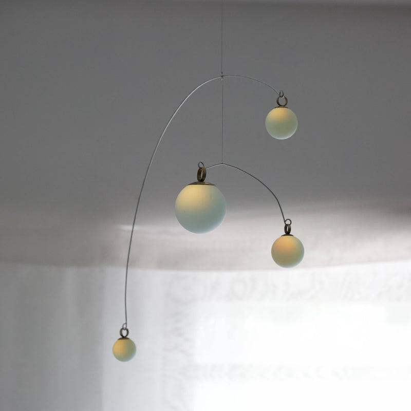 Opalite Glass & Brass Mobile: Handmade Kinetic Sculpture (22” x 14”)