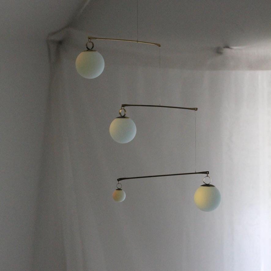 Opalite Glass & Brass Mobile: Handmade Kinetic Sculpture for Indoor/Outdoor Decor