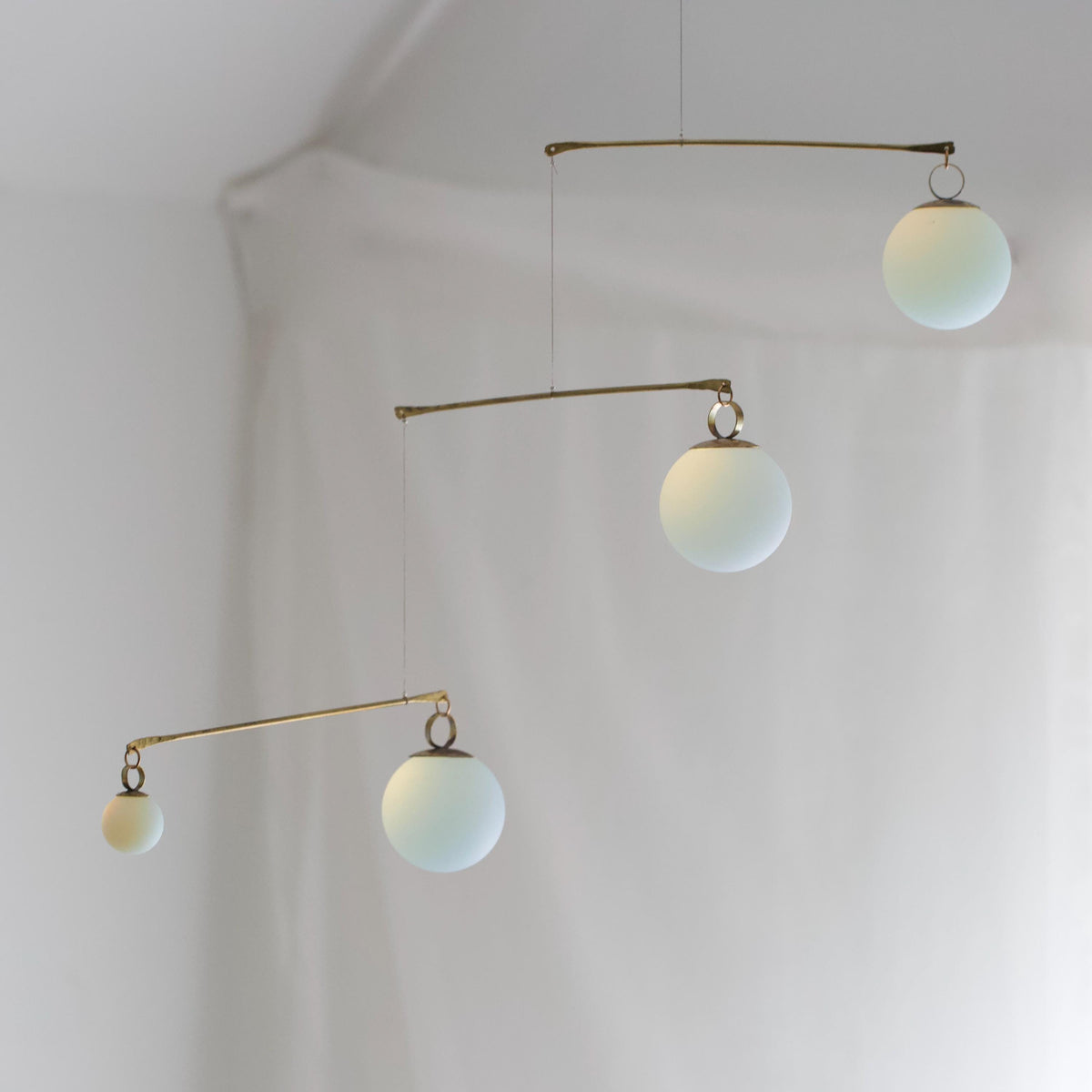 Opalite Glass & Brass Mobile: Handmade Kinetic Sculpture for Indoor/Outdoor Decor