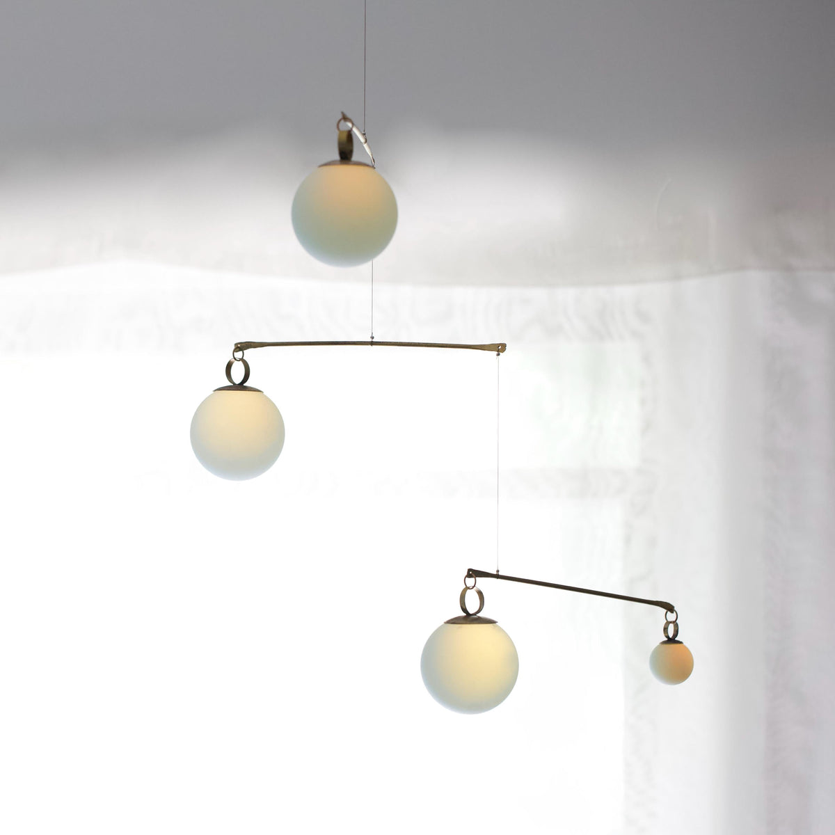 Opalite Glass & Brass Mobile: Handmade Kinetic Sculpture for Indoor/Outdoor Decor