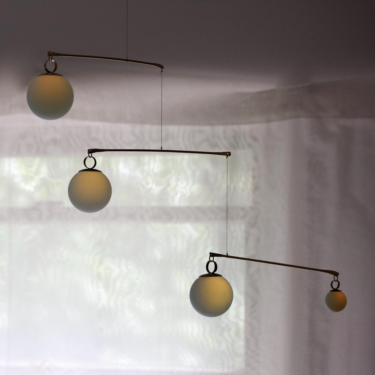 Opalite Glass & Brass Mobile: Handmade Kinetic Sculpture for Indoor/Outdoor Decor