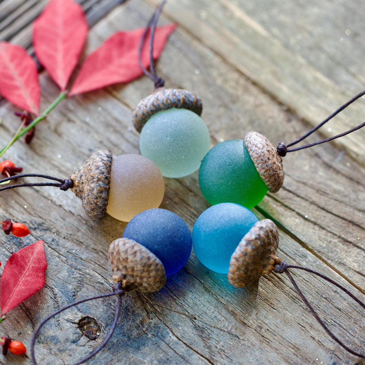 Handmade Sea Glass Acorns: NATURAL Cap Decorative Ornaments