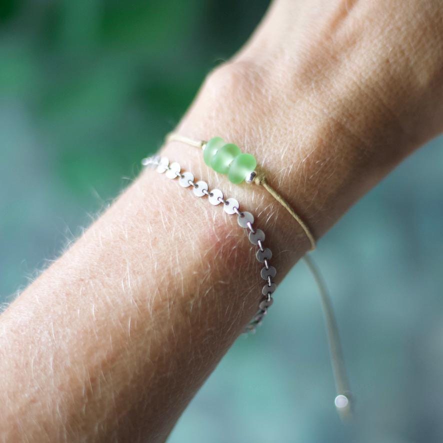 Green Sea Glass Bracelet: Sterling Silver & Cotton Cord - Single Seaglass Bead