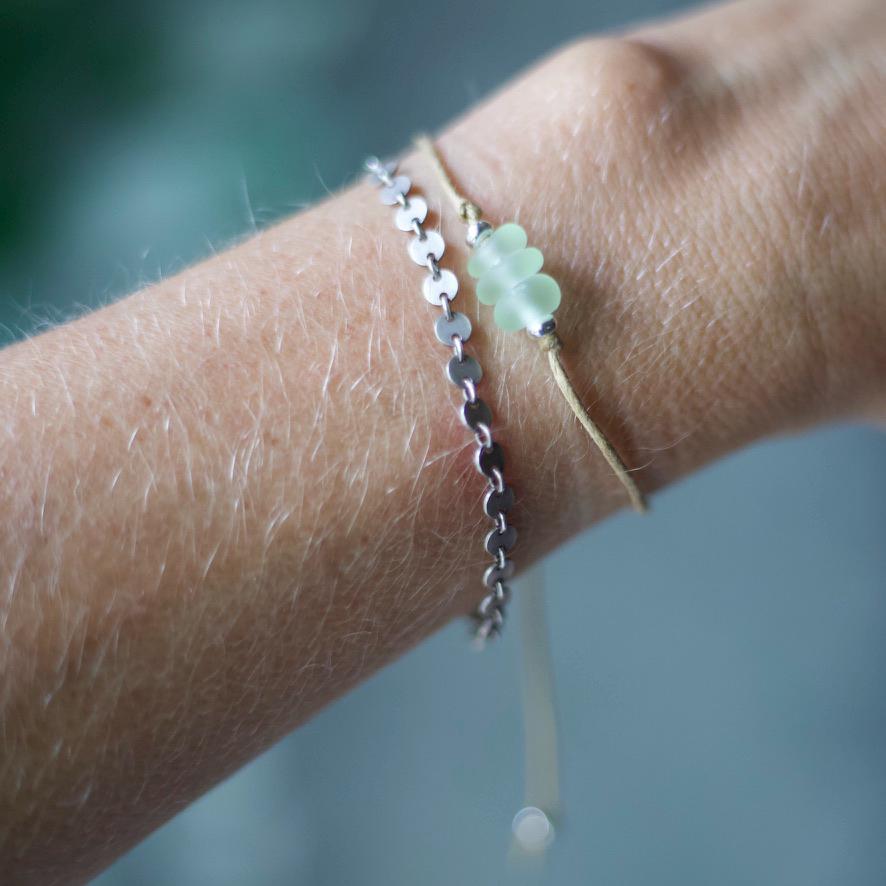 Green Sea Glass Bracelet: Sterling Silver & Cotton Cord - Single Seaglass Bead