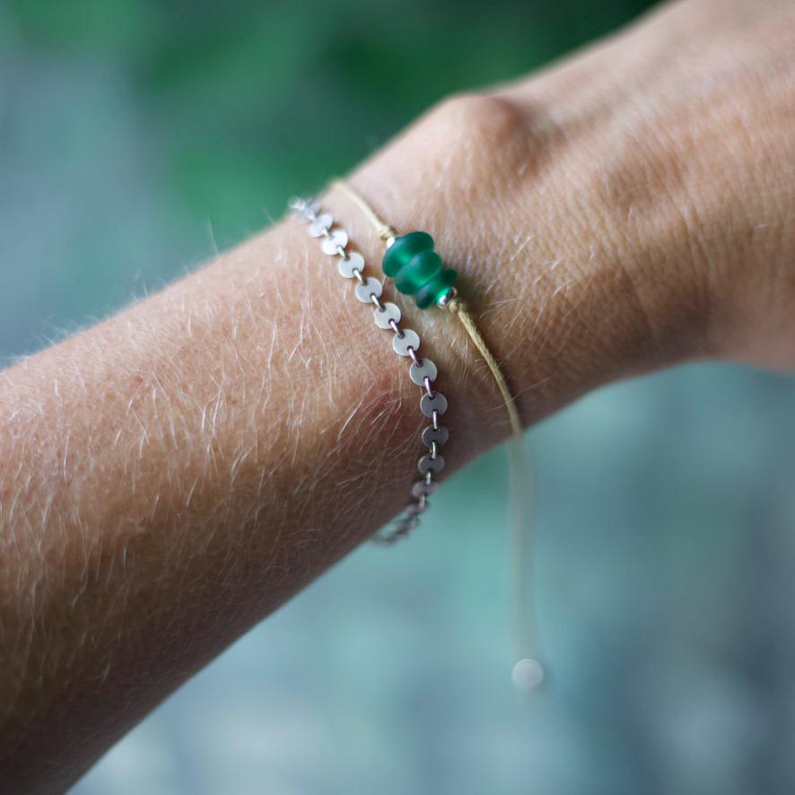Green Sea Glass Bracelet: Sterling Silver & Cotton Cord - Single Seaglass Bead