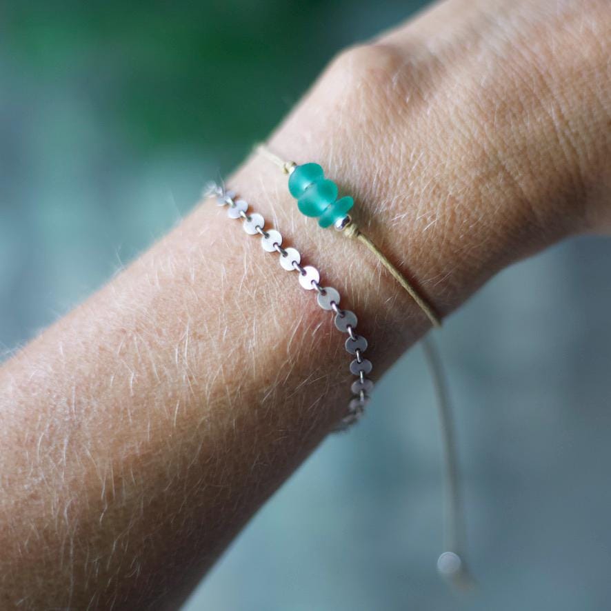 Green Sea Glass Bracelet: Sterling Silver & Cotton Cord - Single Seaglass Bead