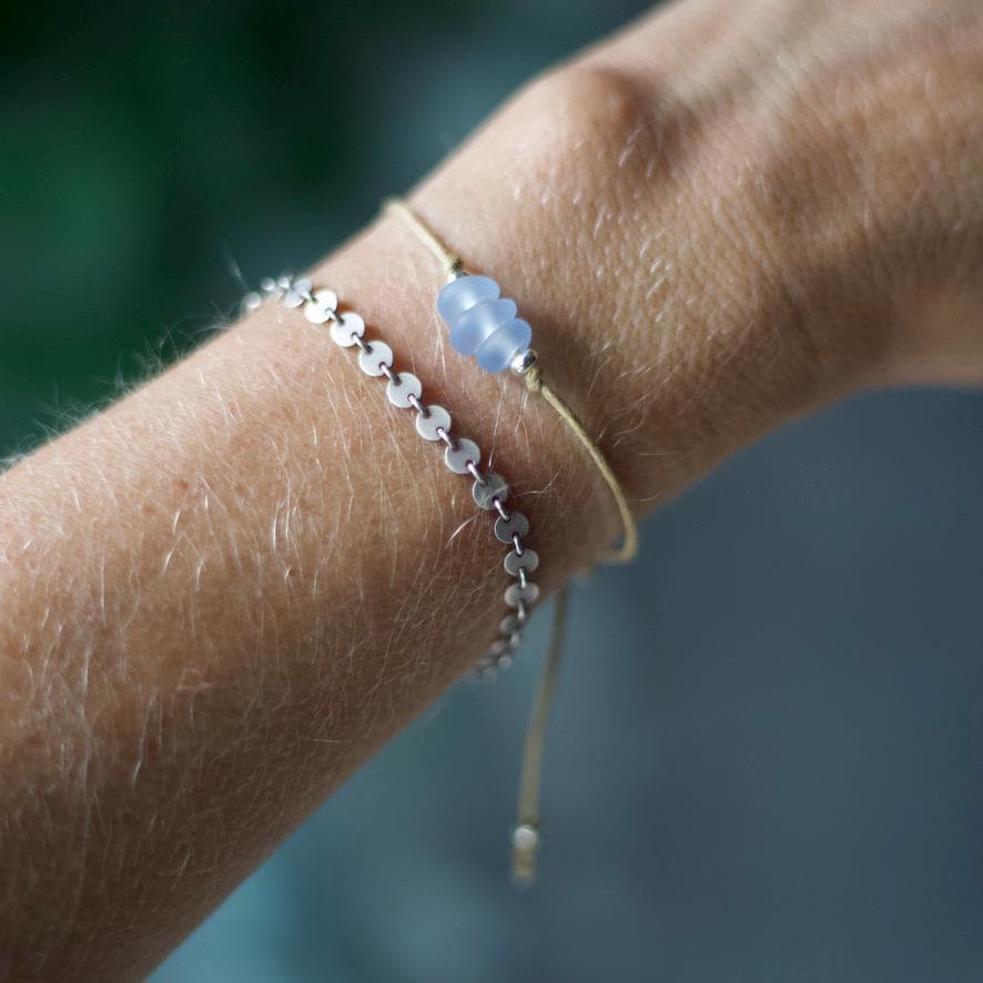 Blue Sea Glass Bracelet: Sterling Silver & Cotton Cord - single seaglass bead