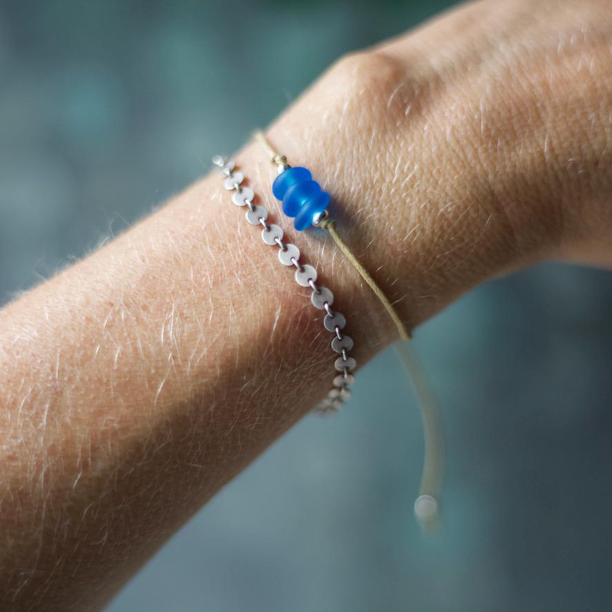 Blue Sea Glass Bracelet: Sterling Silver & Cotton Cord - single seaglass bead