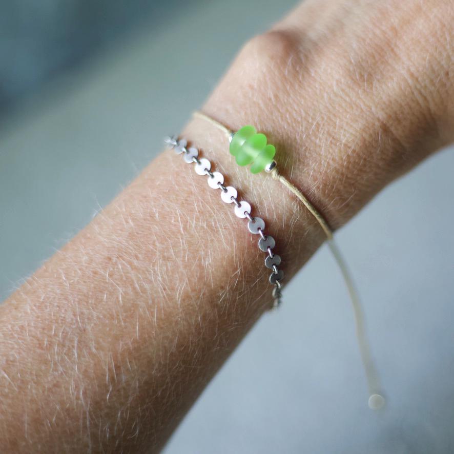Green Sea Glass Bracelet: Sterling Silver & Cotton Cord - Single Seaglass Bead