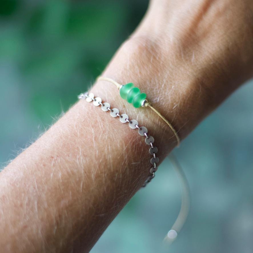 Green Sea Glass Bracelet: Sterling Silver & Cotton Cord - Single Seaglass Bead