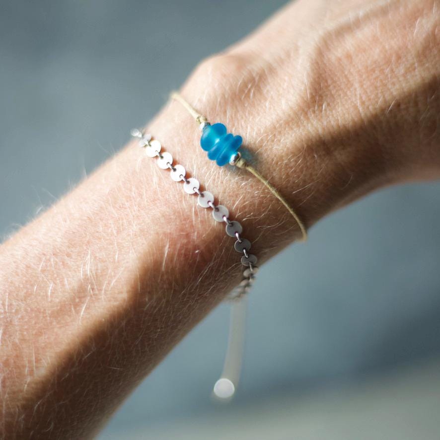 Blue Sea Glass Bracelet: Sterling Silver & Cotton Cord - single seaglass bead
