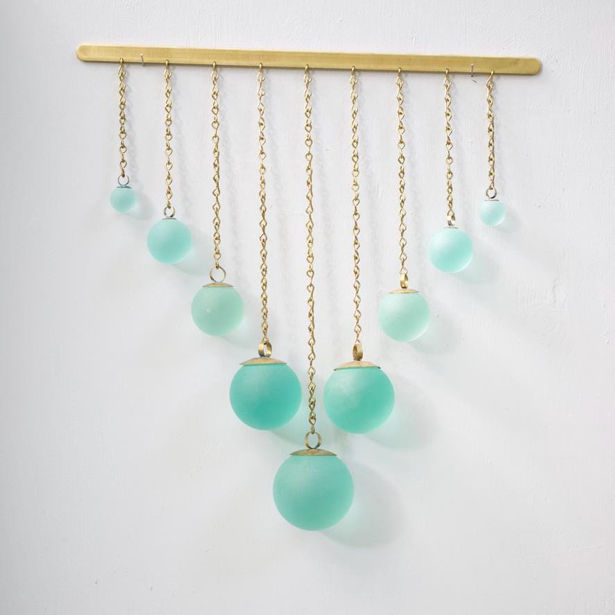 Chevron Seafoam Glass & Hand-Forged Brass Wall Hanging | Modern Coastal Wall Art | Sculptural Glass Decor