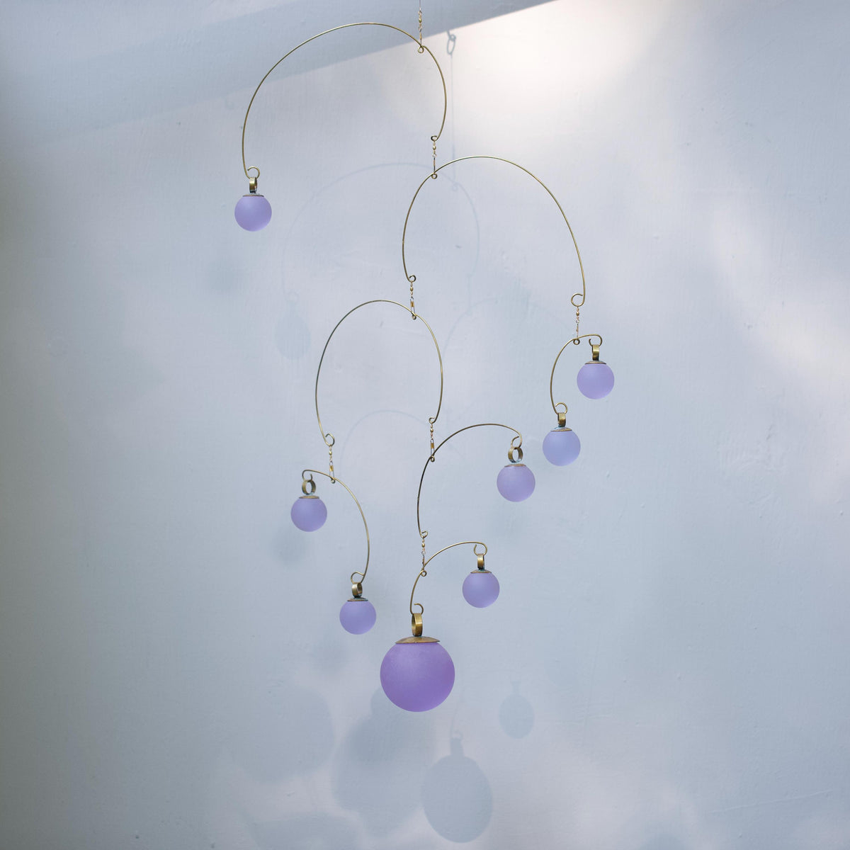Lavender Light Kinetic Mobile - Hand-Forged Brass & Solid Purple Glass Orbs
