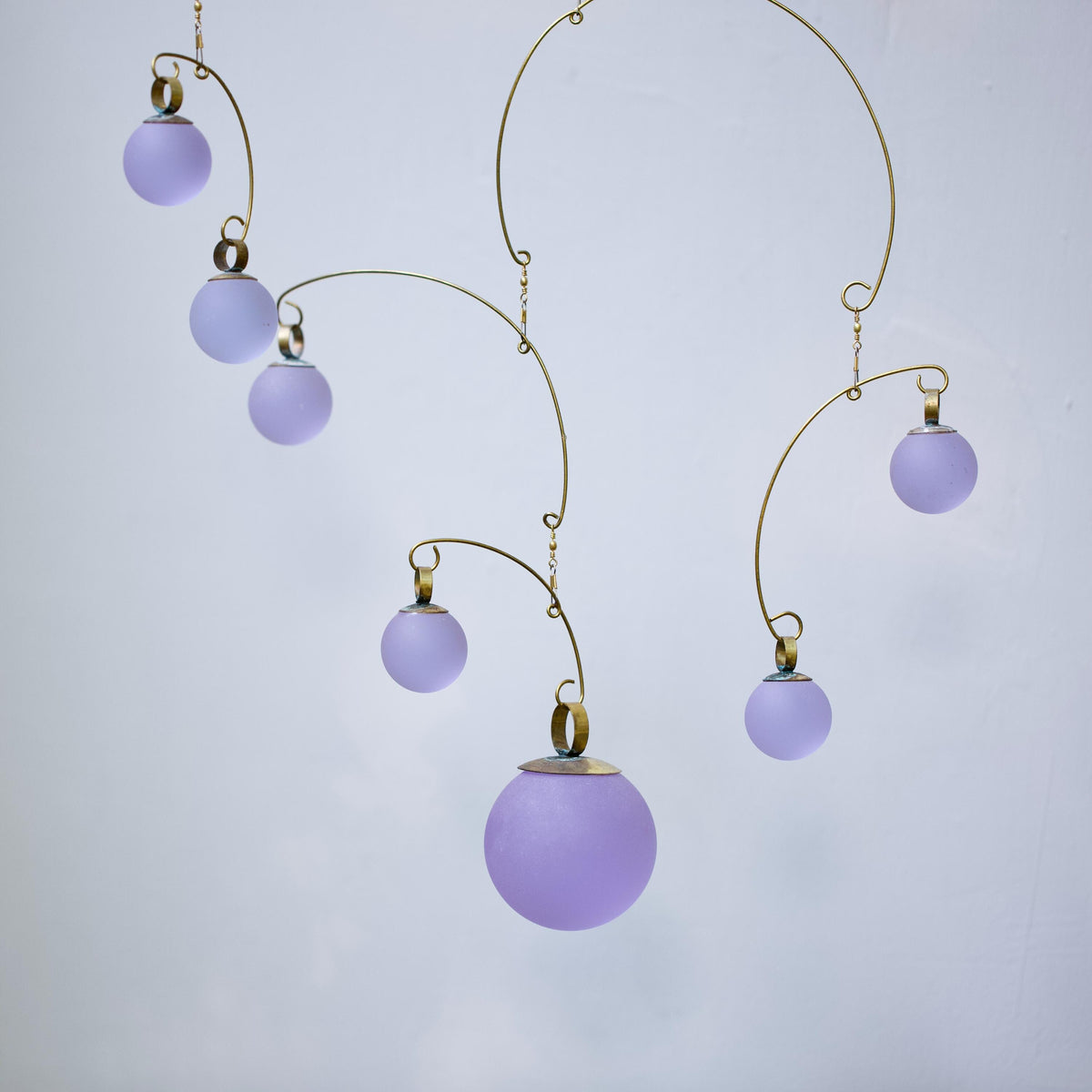 Lavender Light Kinetic Mobile - Hand-Forged Brass & Solid Purple Glass Orbs