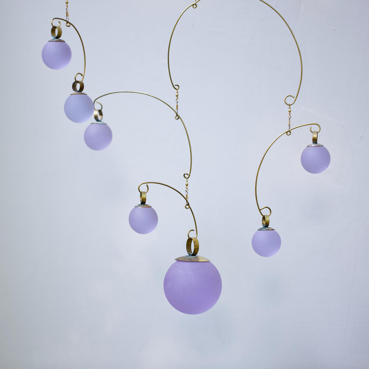 Lavender Light Kinetic Mobile - Hand-Forged Brass & Solid Purple Glass Orbs